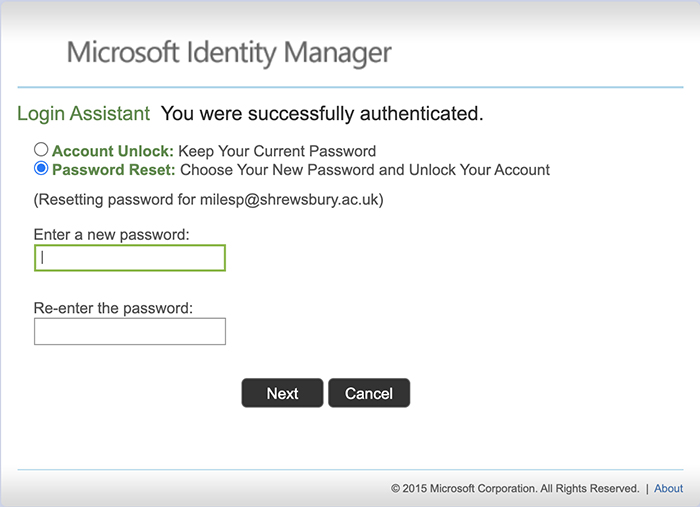 screen shot of password reset screen
