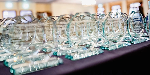 A row of glass awards