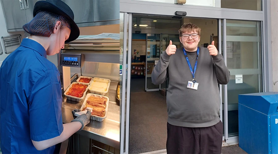 One student preparing food and another outside a library 